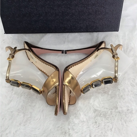 Prada Capretto Jeweled Open Toe Heel Lame Bronze Luxury Designer Size 37EU - Picture 6 of 11